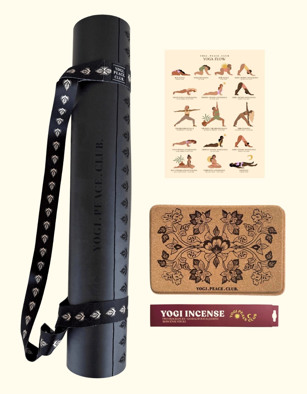 Deluxe Yoga Mat + Block Pack - Lotus Black 5 MM - Yogi Peace Club - YOGA MAT PACK