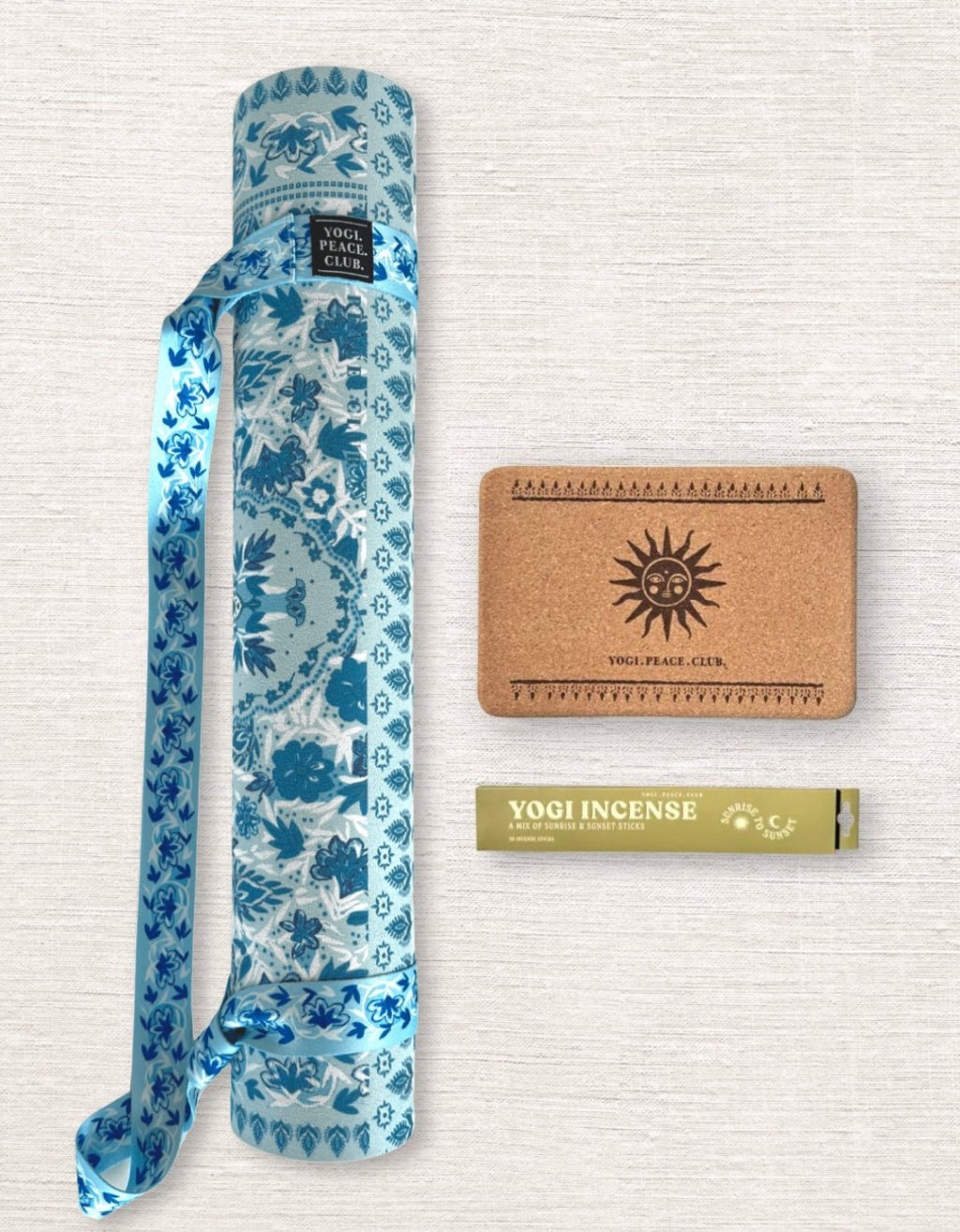 4 mm Yoga Pack - Aqua Garden Yoga Mat + Block + Strap + Incense - Yogi Peace Club - Yoga Pack