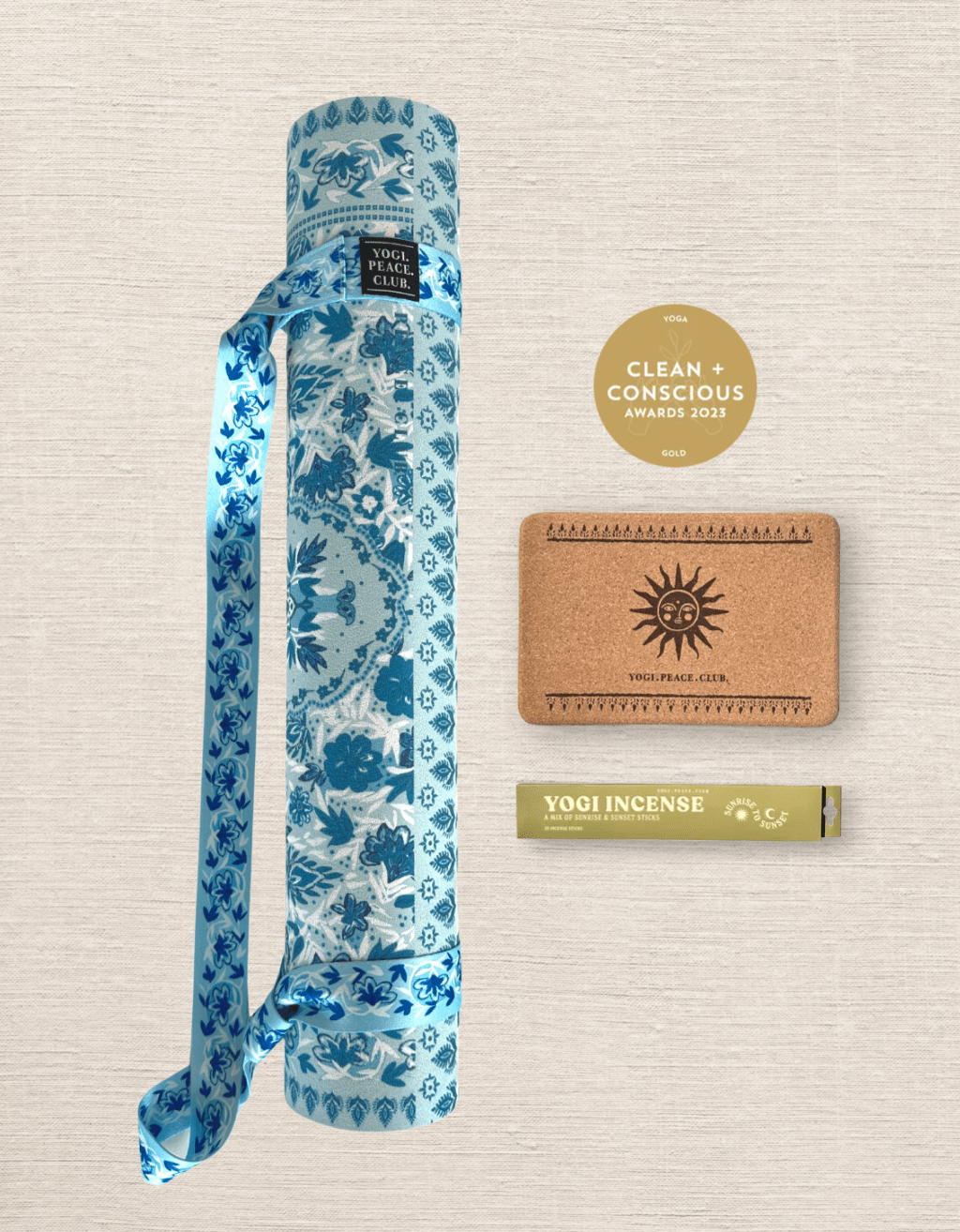 4 mm Yoga Pack - Aqua Garden Yoga Mat + Block + Strap + Incense - Yogi Peace Club - Yoga Pack