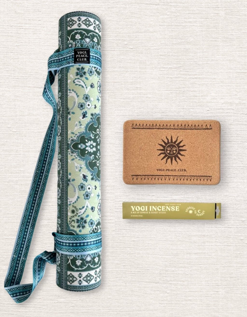 4 mm Yoga Pack - Mint Tea Yoga Mat + Block + Strap + Incense - Yogi Peace Club - YOGA PACK