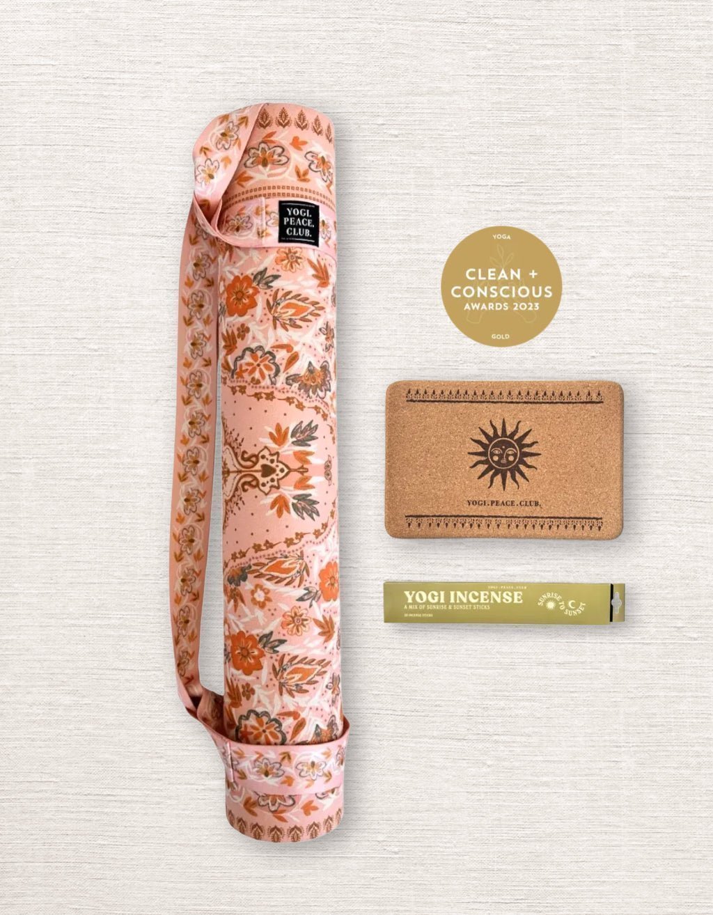 4 mm Yoga Pack - Salty Peach Yoga Mat + Block + Strap + Incense - Yogi Peace Club - YOGA PACK