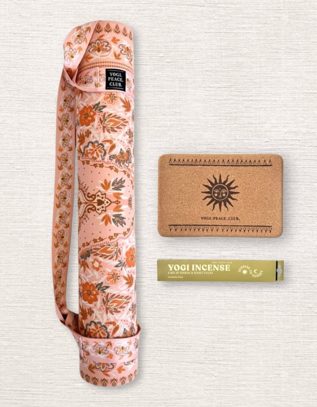 4 mm Yoga Pack - Salty Peach Yoga Mat + Block + Strap + Incense - Yogi Peace Club - YOGA PACK