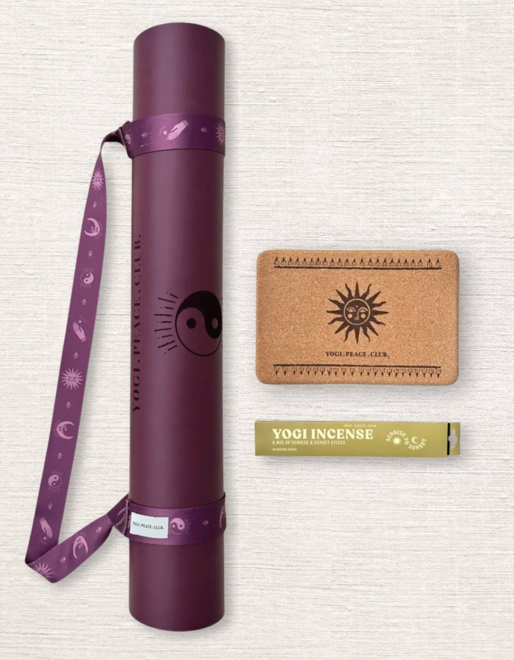 5 mm Yoga Pack - Deluxe Plum Yoga Mat + Block + Strap + Incense - Yogi Peace Club - Yoga Pack