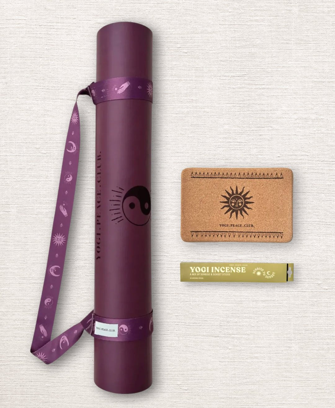 5 mm Yoga Pack - Deluxe Plum Yoga Mat + Block + Strap + Incense - Yogi Peace Club - Yoga Pack