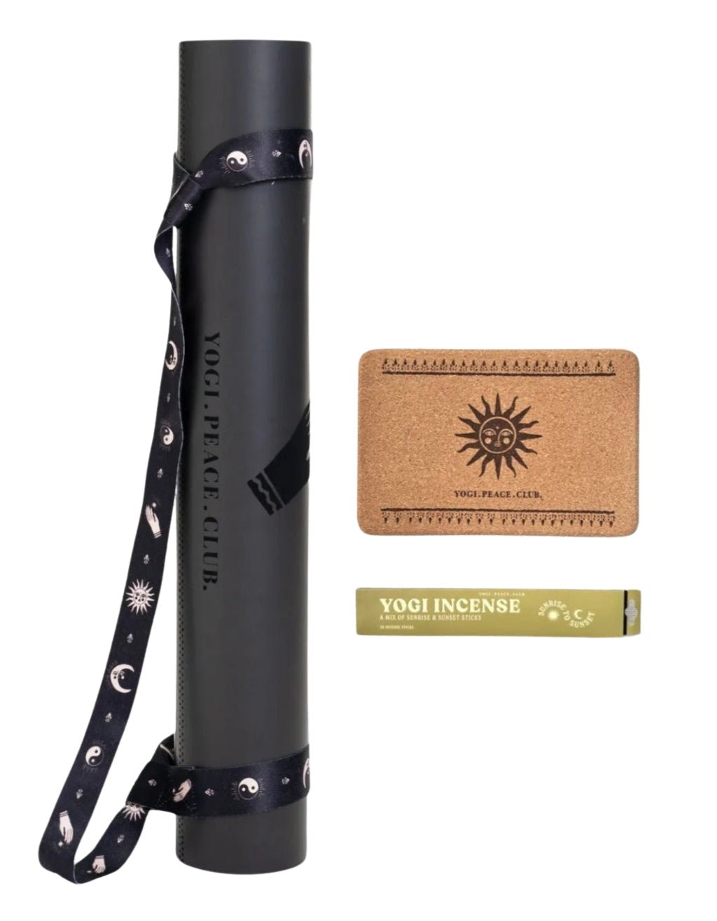 5mm Yoga Pack - Black Etched Deluxe Yoga Mat + Block + Strap + Incense - Yogi Peace Club - YOGA PACK