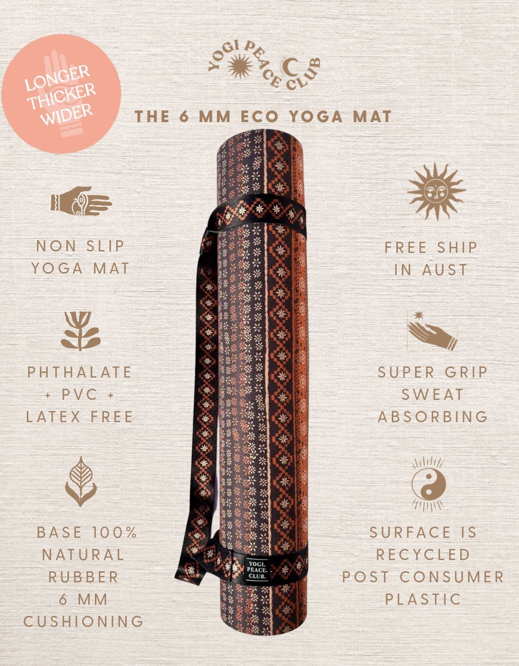 6 mm XL Eco Nomad Carob Yoga Mat + Strap - Yogi Peace Club - YOGA MAT