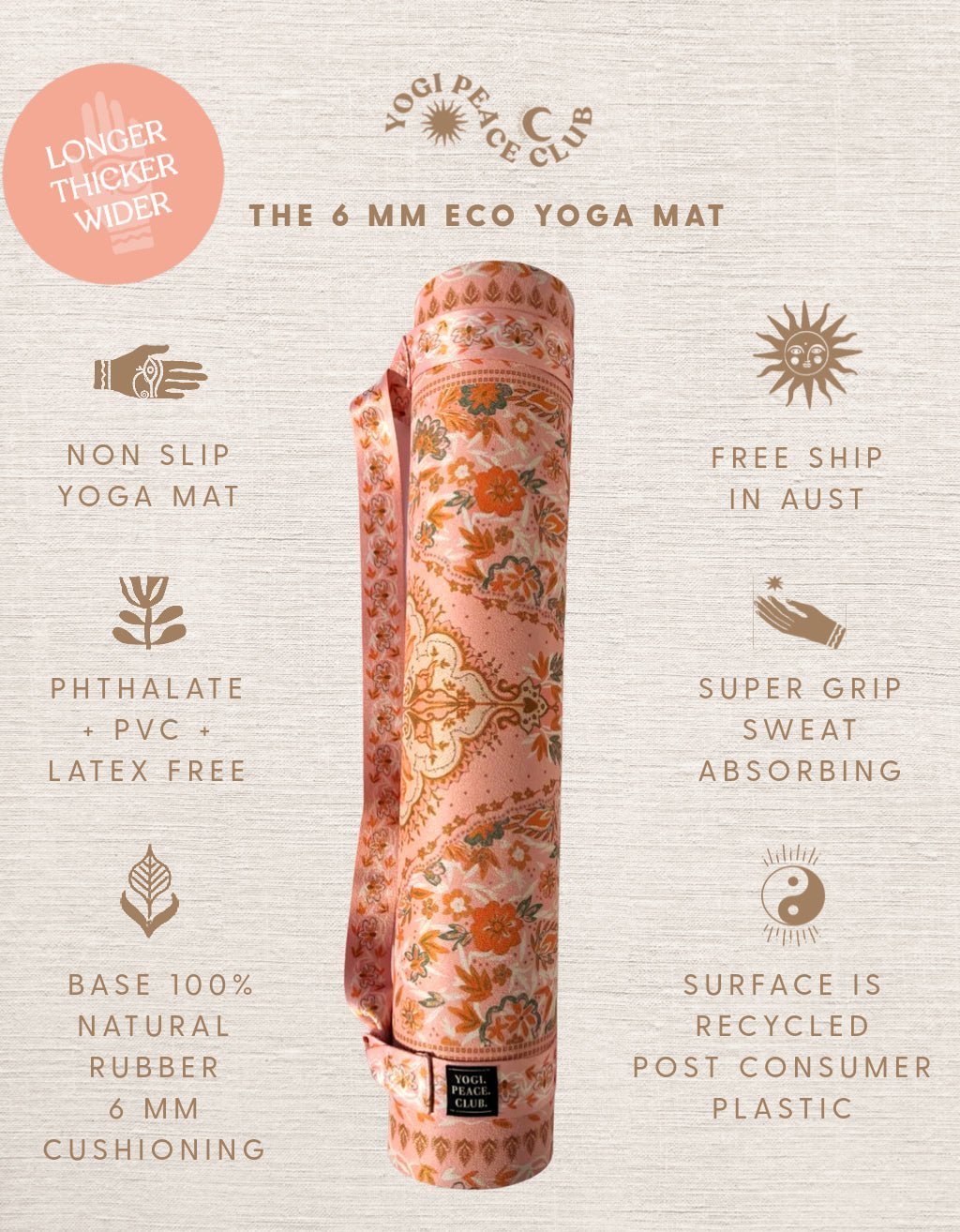 6 mm XL Eco Salty Peach Yoga Mat + Strap - Yogi Peace Club - YOGA MAT