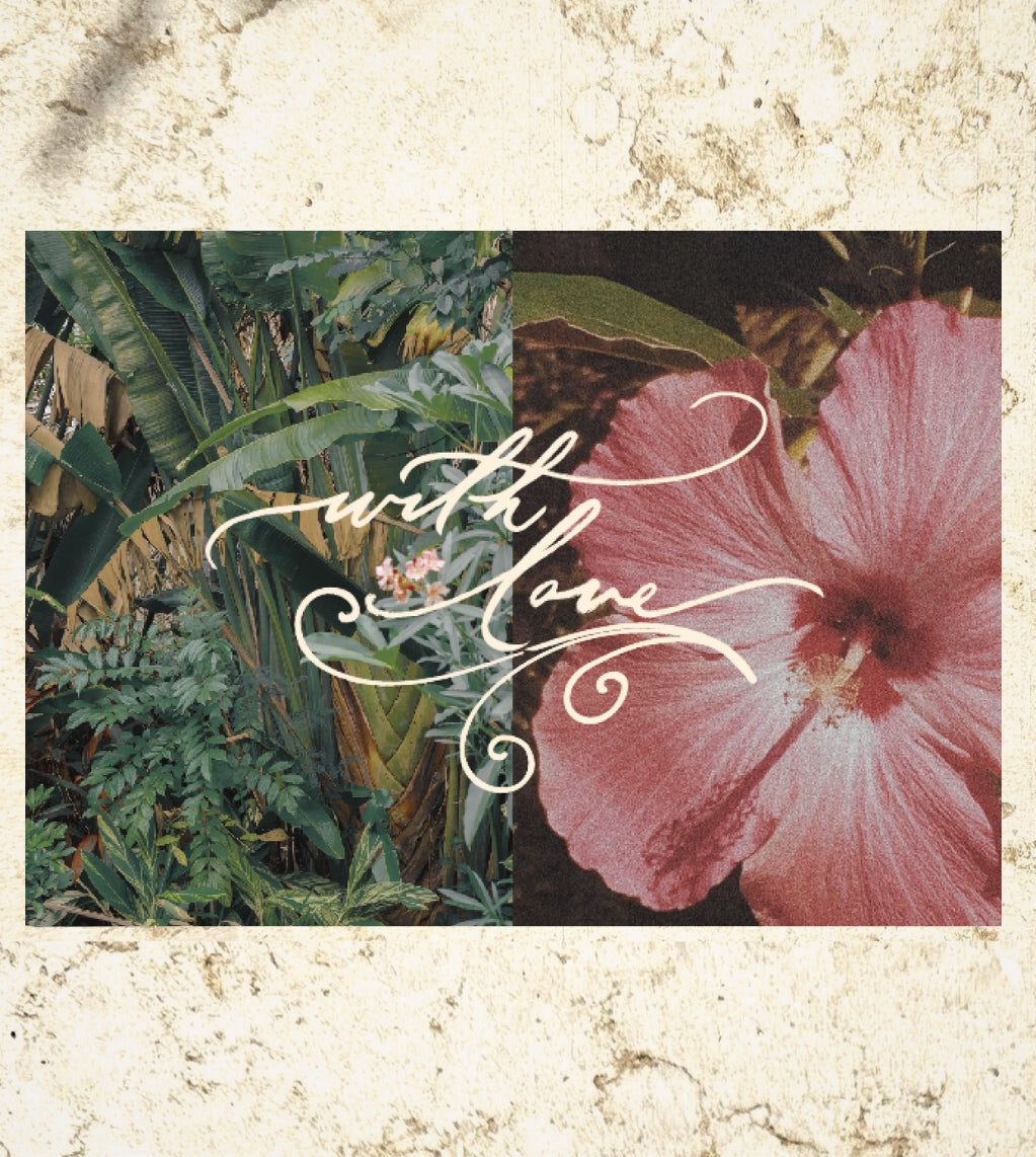 Floral design with 'with love' text on a textured background